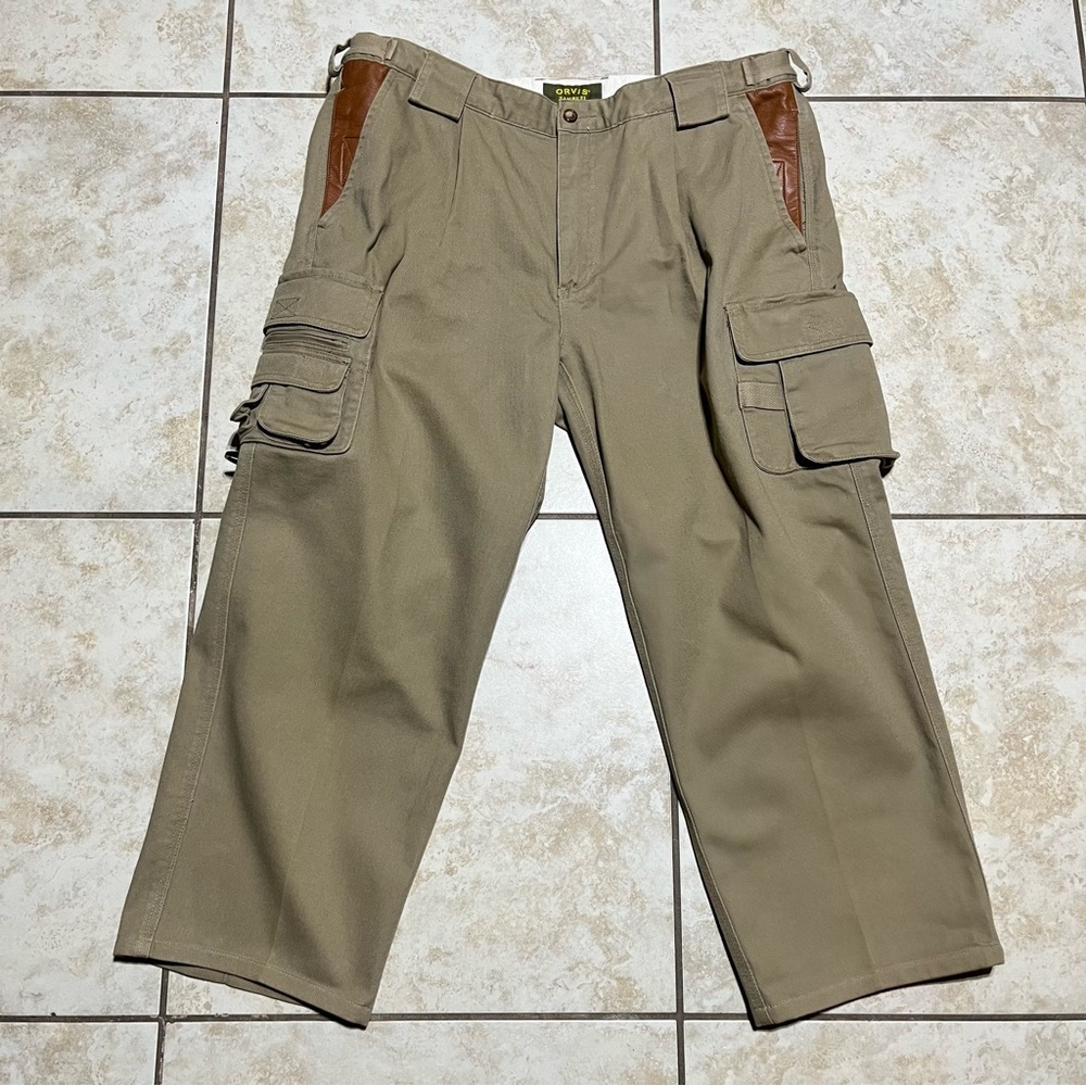 Orvis Zambezi Twill Pants Relaxed Fit With Leather Trim Pocket Mens 38X26 Beige